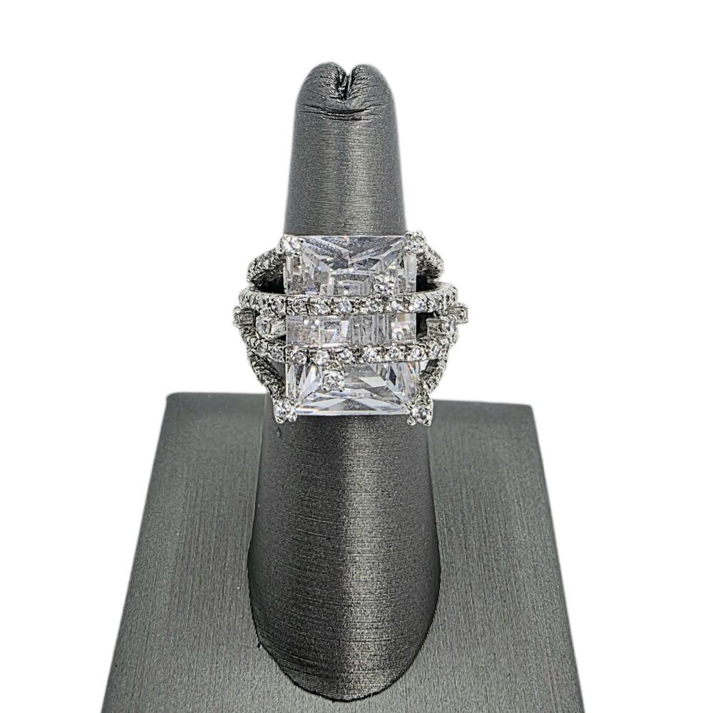 Vintage Large CZ With Crossover Accent Rows Sterling Silver Cocktail Ring  SZ 6